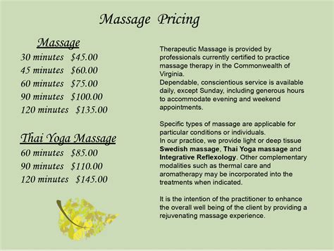 pricing for massage therapy services.